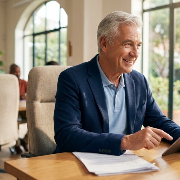 A smiling senior man in a blue blazer uses a tablet at a wooden desk in a bright co-working space with large windows and greenery.