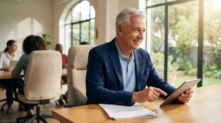 A smiling senior man in a blue blazer uses a tablet at a wooden desk in a bright co-working space with large windows and greenery.