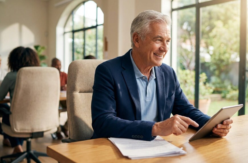 A smiling senior man in a blue blazer uses a tablet at a wooden desk in a bright co-working space with large windows and greenery.