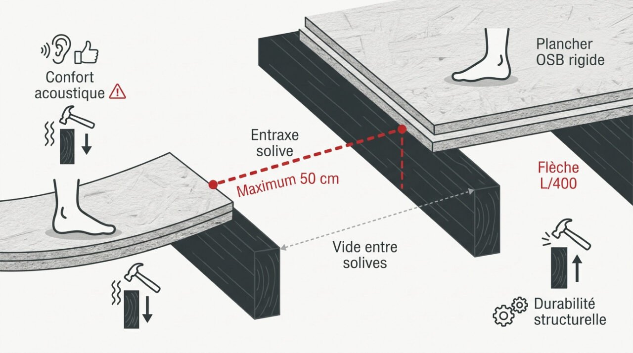 Schéma technique de l'entraxe des solives pour un plancher OSB rigide