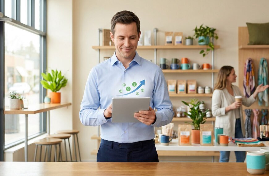 Un commerçant souriant utilise une tablette numérique avec un graphique de croissance financière devant son magasin.