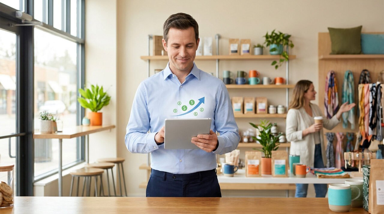 Un commerçant souriant utilise une tablette numérique avec un graphique de croissance financière devant son magasin.