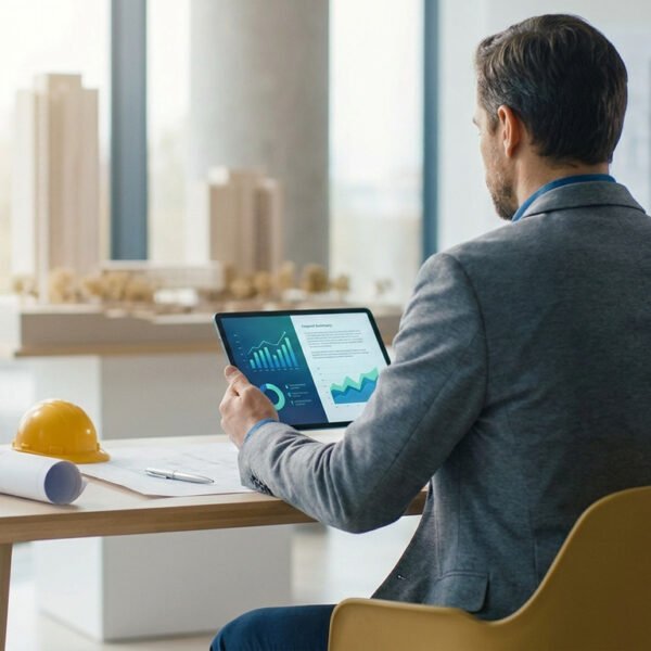 Un architecte en costume consulte des graphiques financiers sur une tablette dans son bureau avec des maquettes.