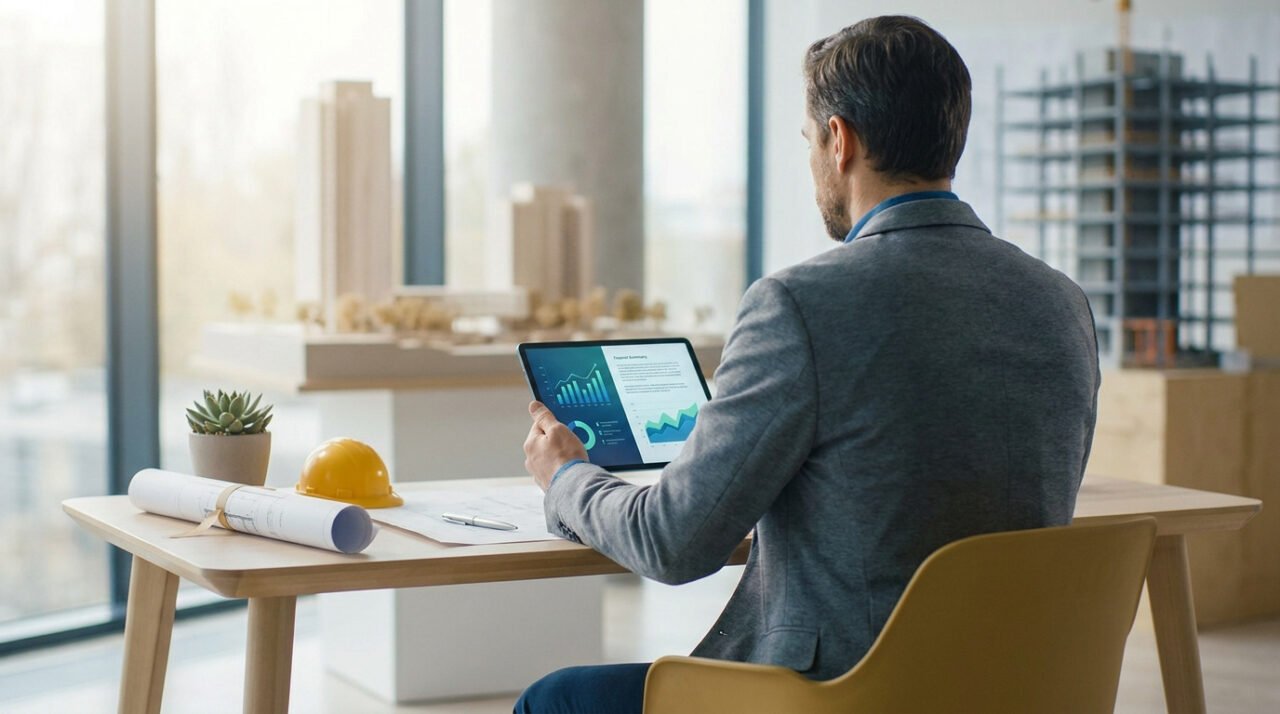 Un architecte en costume consulte des graphiques financiers sur une tablette dans son bureau avec des maquettes.