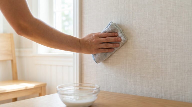 Main nettoyant du papier peint clair texturé avec un chiffon microfibre, un bol de bicarbonate de soude visible sur une table en bois.