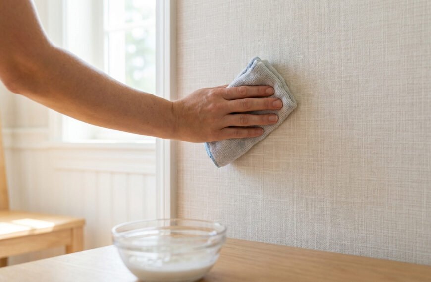 Main nettoyant du papier peint clair texturé avec un chiffon microfibre, un bol de bicarbonate de soude visible sur une table en bois.