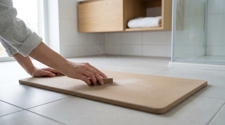 Une personne nettoie un tapis de bain en diatomite avec un bloc ponçage, soulevant de la poussière dans une salle de bain.