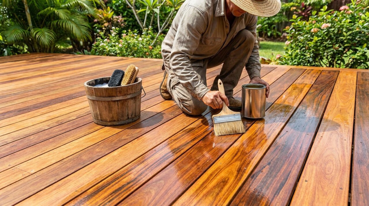 Un homme avec un chapeau de paille applique de l'huile sur une terrasse en bois exotique avec un pinceau.