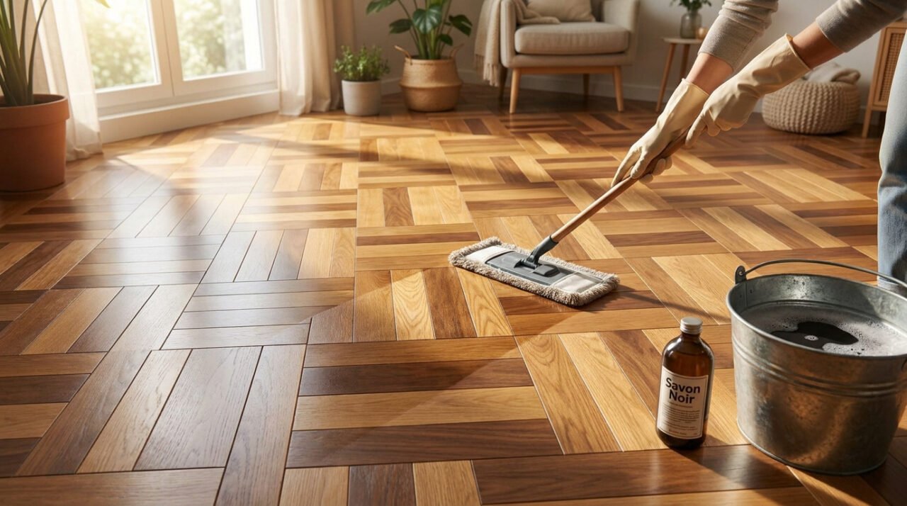 Une personne nettoie un parquet en bois clair avec un balai à franges et du savon noir dans un salon lumineux.