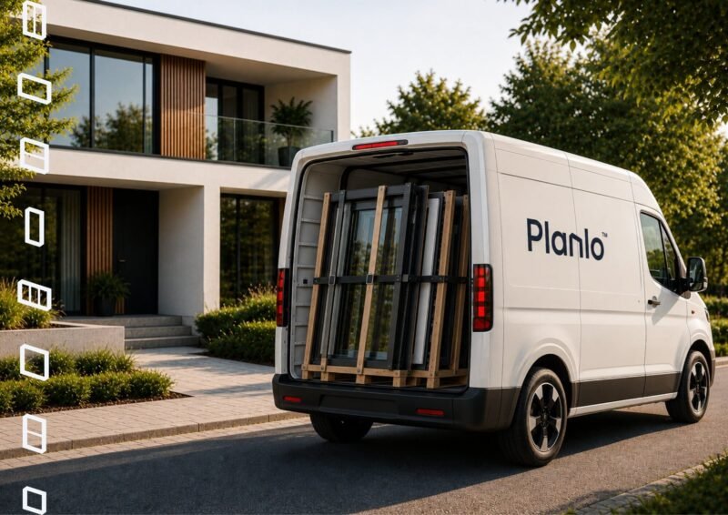 Une camionnette de livraison blanche portant l'inscription « Planlo » est garée devant une maison moderne ; à l'arrière du véhicule se trouvent de grands objets encadrés solidement arrimés.