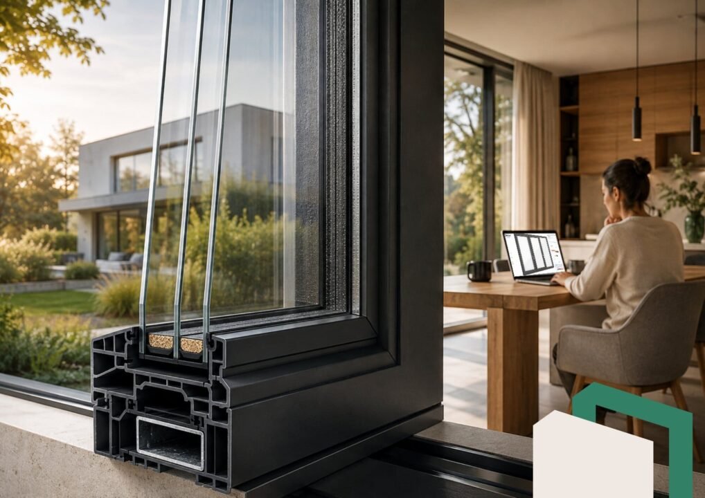 Gros plan sur un cadre de fenêtre noir moderne équipé de double vitrage, avec une personne travaillant sur un ordinateur portable dans un intérieur élégant et une maison contemporaine visible à l'extérieur.