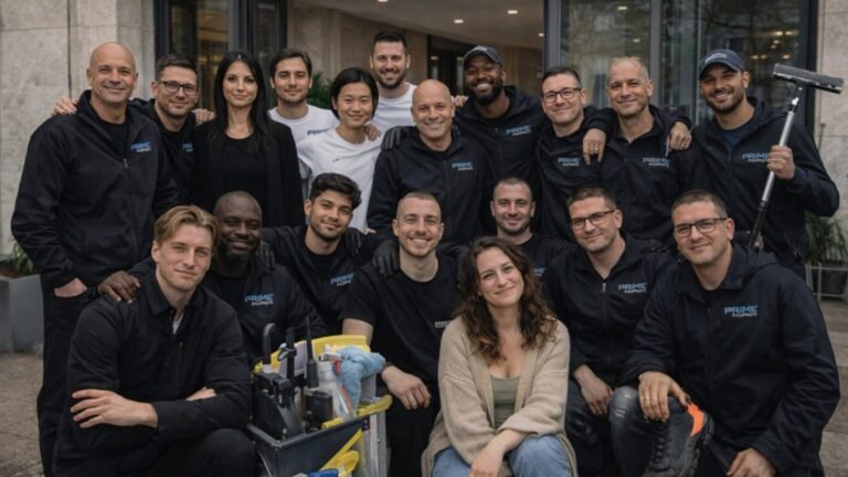 Un groupe de personnes, portant pour la plupart des uniformes noirs de Prime Cleaning, pose ensemble à l'extérieur d'un bâtiment. Certains sont debout, d'autres sont agenouillés, et des outils de nettoyage sont visibles au premier plan.
