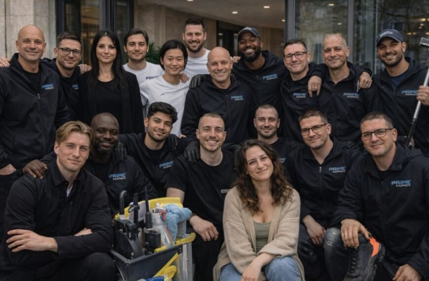 Un groupe de personnes, portant pour la plupart des uniformes noirs de Prime Cleaning, pose ensemble à l'extérieur d'un bâtiment. Certains sont debout, d'autres sont agenouillés, et des outils de nettoyage sont visibles au premier plan.
