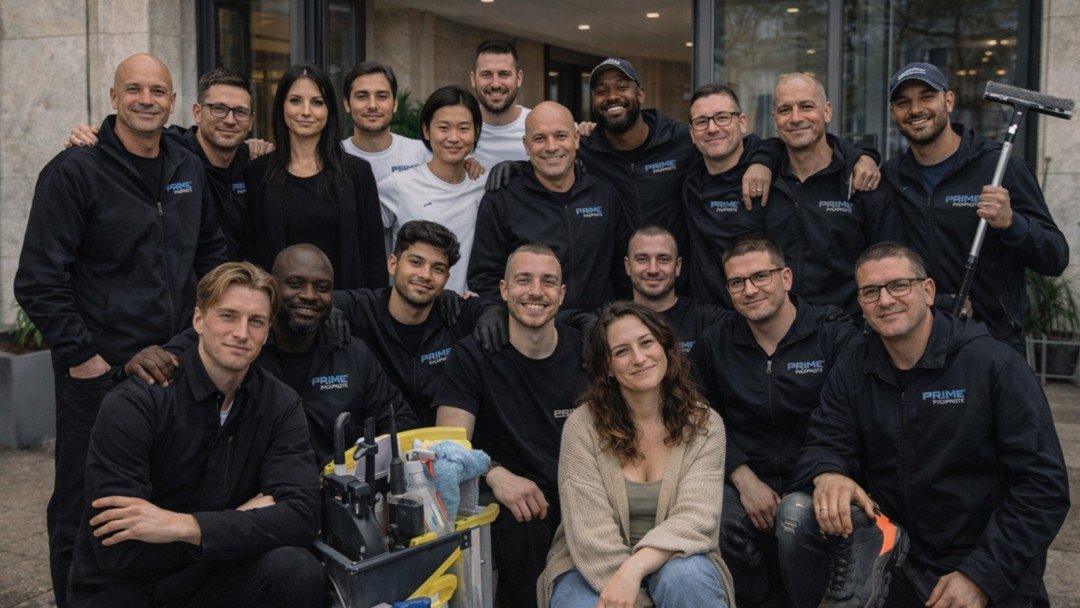 Un groupe de personnes, portant pour la plupart des uniformes noirs de Prime Cleaning, pose ensemble à l'extérieur d'un bâtiment. Certains sont debout, d'autres sont agenouillés, et des outils de nettoyage sont visibles au premier plan.