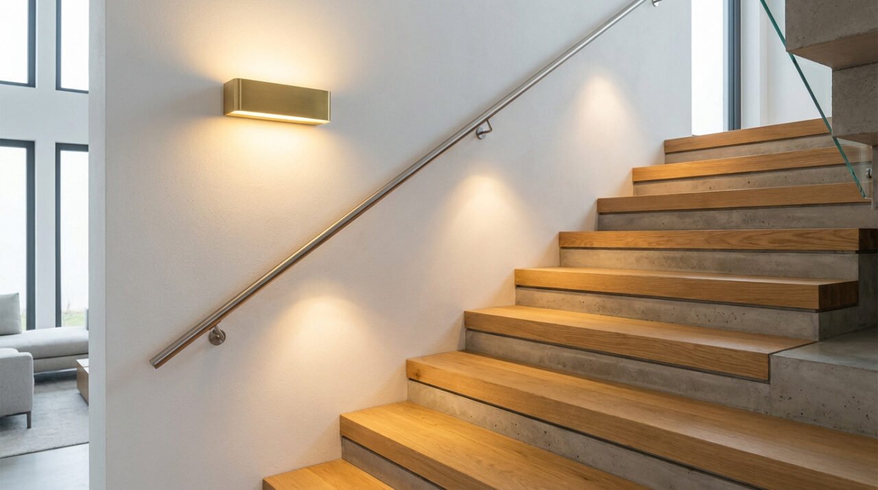 Applique murale dorée rectangulaire éclairant un escalier en bois et béton dans une maison moderne.