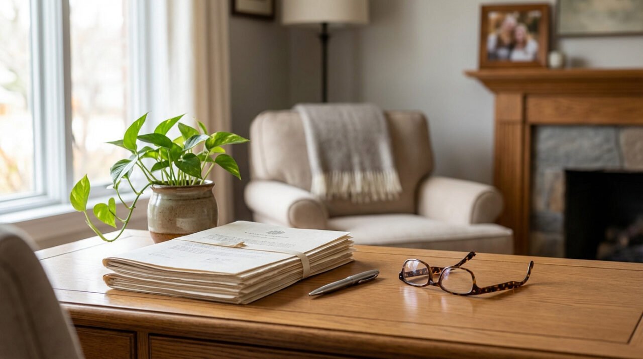 Bureau en bois avec documents liés, stylo et lunettes, devant une fenêtre et un salon chaleureux avec fauteuil et cheminée.