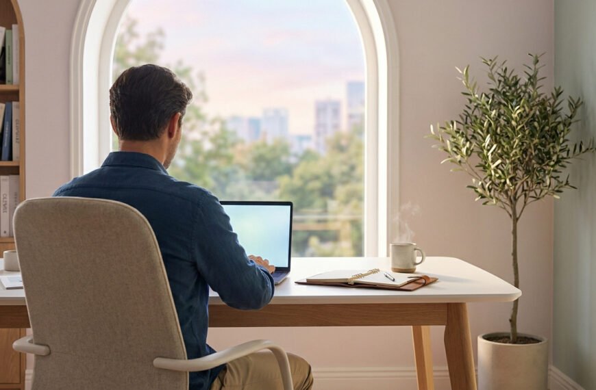 Homme travaille sur ordinateur portable depuis son bureau à domicile, face à une fenêtre arquée donnant sur la ville.
