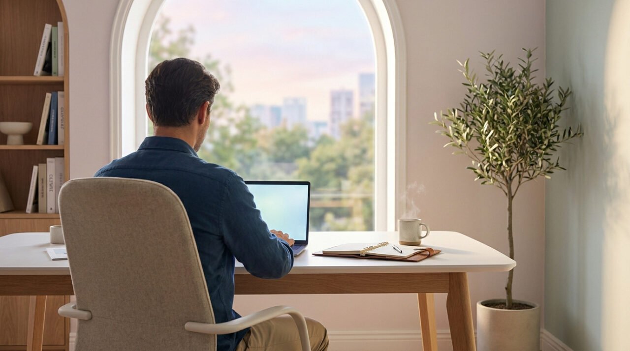 Homme travaille sur ordinateur portable depuis son bureau à domicile, face à une fenêtre arquée donnant sur la ville.