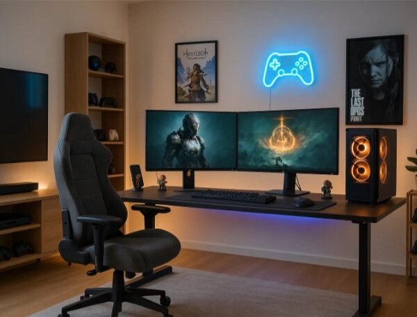 Installation de jeu moderne avec deux moniteurs incurvés, une chaise de jeu, une tour de PC avec un éclairage orange, des œuvres d'art murales, des étagères et un panneau de contrôleur de jeu lumineux sur le mur.