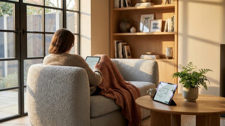 Dans une pièce ensoleillée, une personne est assise sur une chaise en peluche et utilise une tablette, avec une couverture, une table ronde sur laquelle se trouvent une plante et une autre tablette, ainsi qu'une étagère.
