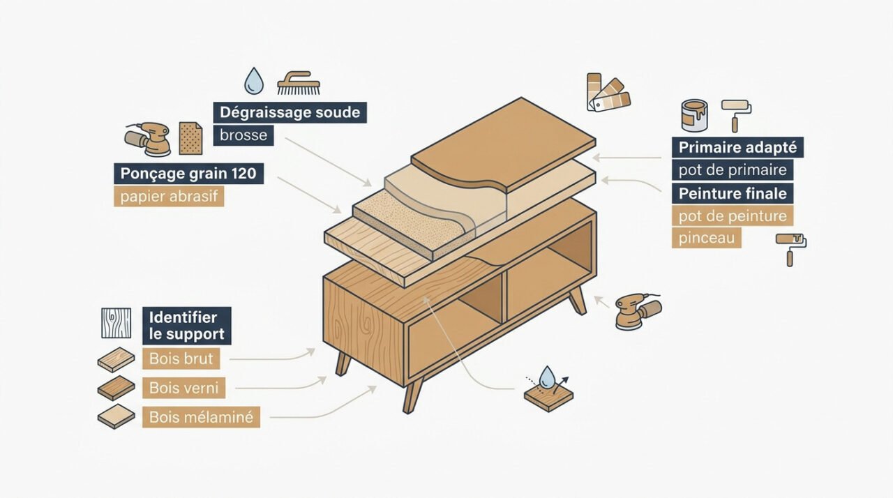 Étapes de préparation et application de peinture sur un meuble en bois
