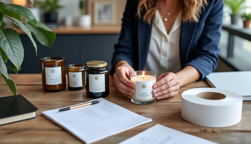 Une personne est assise à un bureau, tenant une bougie allumée, avec d'autres bougies, des papiers, un stylo et un rouleau d'étiquettes disposés sur la surface en bois.