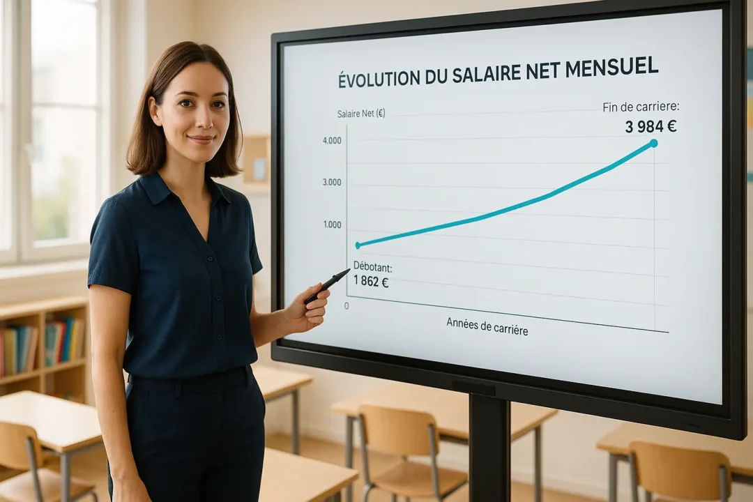Une femme se tient à côté d'un écran affichant un graphique linéaire intitulé "Évolution du Salaire Net Mensuel", montrant que le salaire est passé de 1 862 € à 3 984 € en quelques années de carrière.