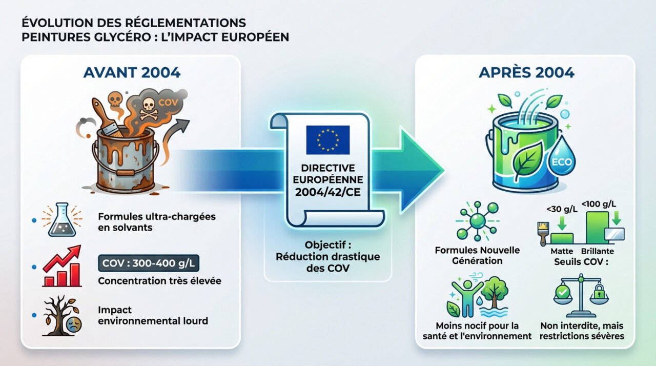 Graphique montrant la baisse des seuils de COV pour la peinture glycérophtalique suite aux normes européennes
