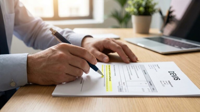 Mains d'un homme soulignant au surligneur une mention sur un document intitulé Devis sur un bureau.