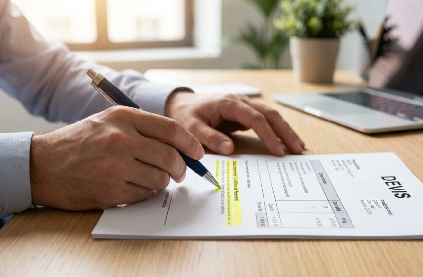 Mains d'un homme soulignant au surligneur une mention sur un document intitulé Devis sur un bureau.