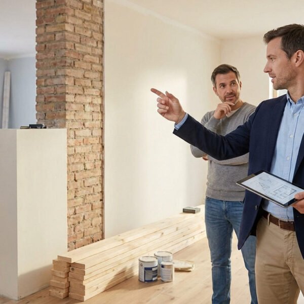Renovation broker shows digital plans to homeowner in a bright, partially renovated room with exposed brick and stacked wood.
