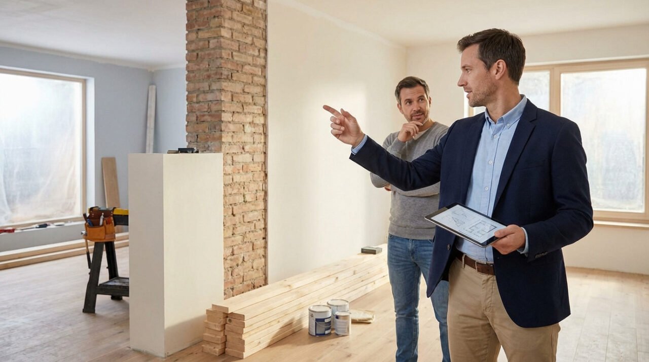 Renovation broker shows digital plans to homeowner in a bright, partially renovated room with exposed brick and stacked wood.