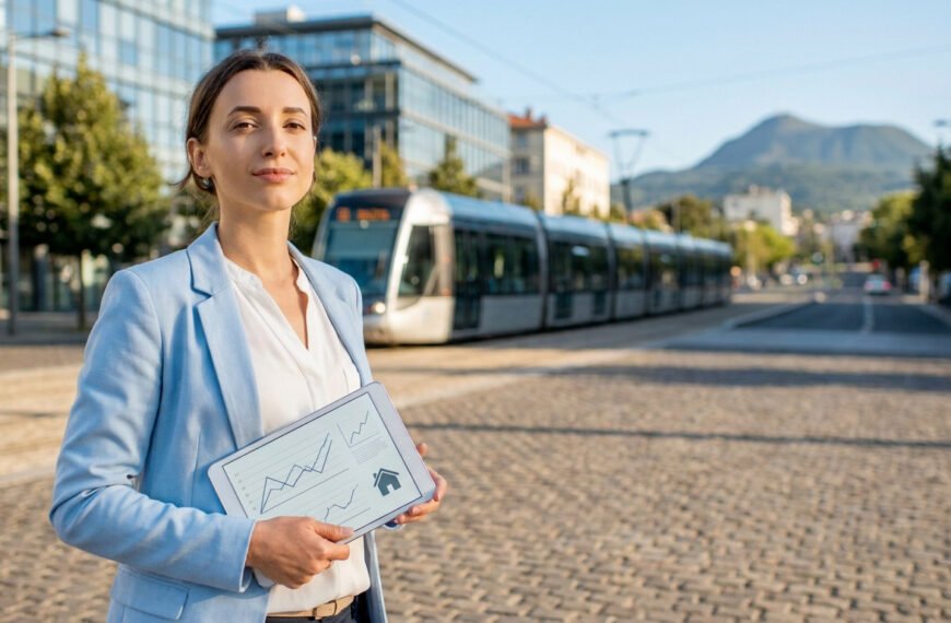 Une agente immobilière tenant une tablette avec des graphiques devant le tramway et le puy de Dôme à Clermont-Ferrand.