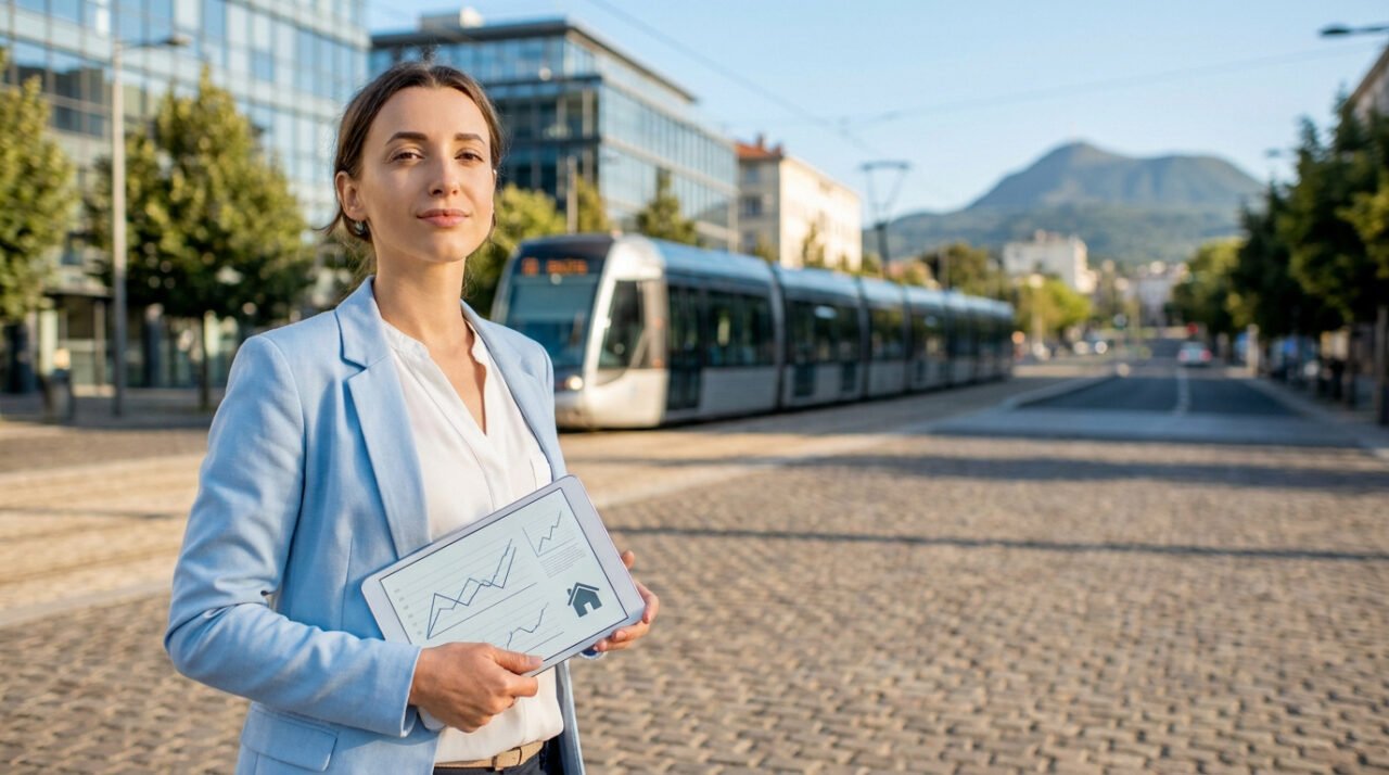 Une agente immobilière tenant une tablette avec des graphiques devant le tramway et le puy de Dôme à Clermont-Ferrand.