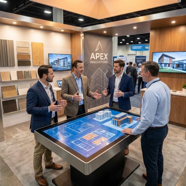 Professionnels discutant autour d'une table interactive sur un stand de salon du bâtiment Apex Innovations.