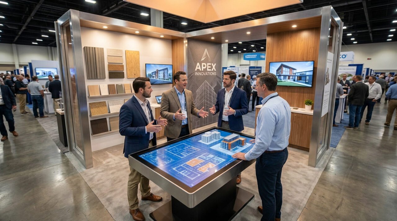 Professionnels discutant autour d'une table interactive sur un stand de salon du bâtiment Apex Innovations.