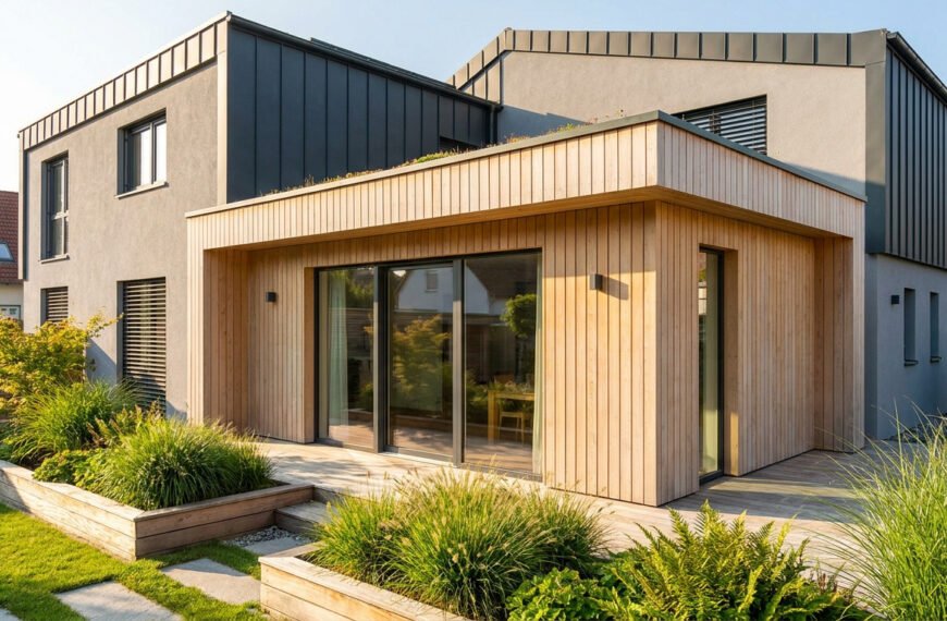 Extension de maison moderne en bois avec toit végétalisé et grande baie vitrée dans un jardin paysager.