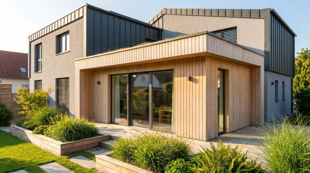 Extension de maison moderne en bois avec toit végétalisé et grande baie vitrée dans un jardin paysager.