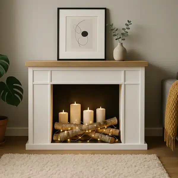 Fausse Cheminée Décorative IKEA blanche accueille des bougies et des guirlandes lumineuses sur de fausses bûches. Des œuvres d'art, une plante et des vases décoratifs sont posés sur le manteau de la cheminée, à côté d'un canapé gris et d'une couverture jaune en tricot.