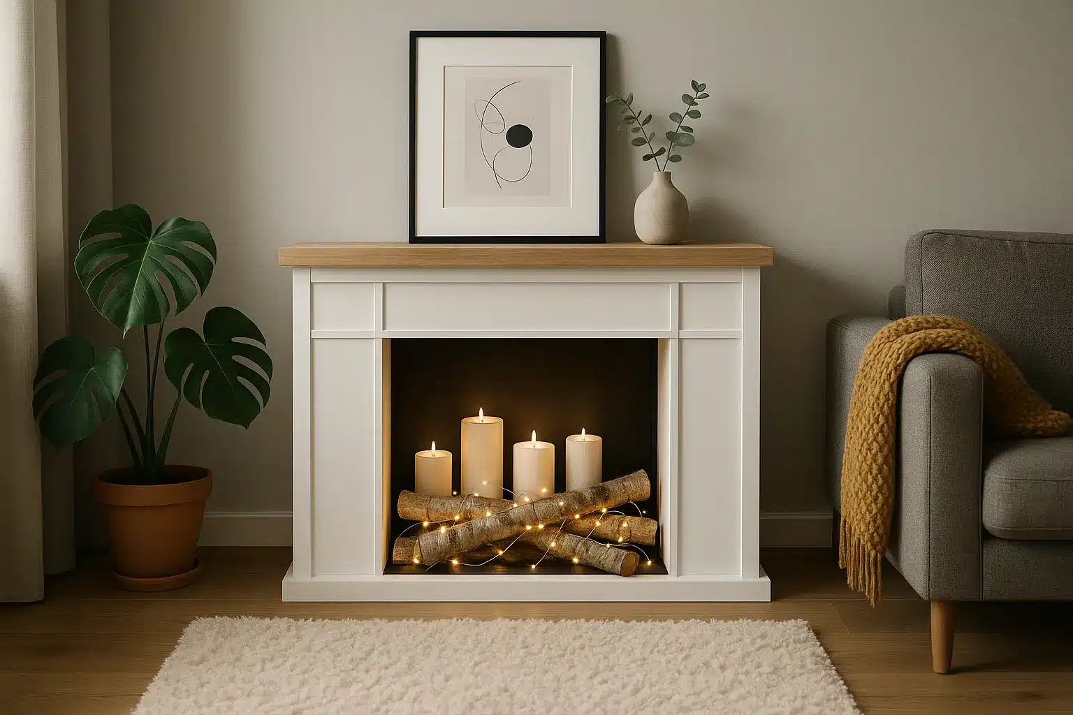Fausse Cheminée Décorative IKEA blanche accueille des bougies et des guirlandes lumineuses sur de fausses bûches. Des œuvres d'art, une plante et des vases décoratifs sont posés sur le manteau de la cheminée, à côté d'un canapé gris et d'une couverture jaune en tricot.