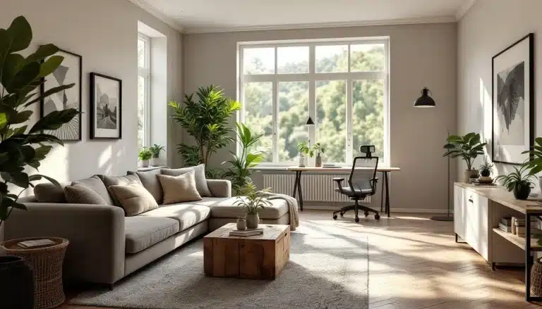 Salon lumineux avec une grande fenêtre, un canapé, une table basse, un bureau avec une chaise, des plantes d'intérieur, des œuvres d'art encadrées et la lumière du soleil qui coule sur le sol en bois.