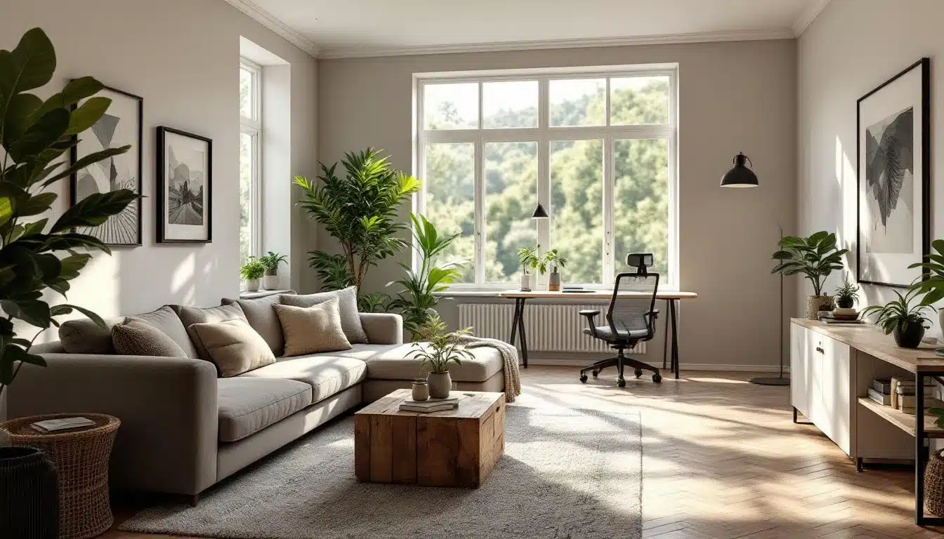 Salon lumineux avec une grande fenêtre, un canapé, une table basse, un bureau avec une chaise, des plantes d'intérieur, des œuvres d'art encadrées et la lumière du soleil qui coule sur le sol en bois.