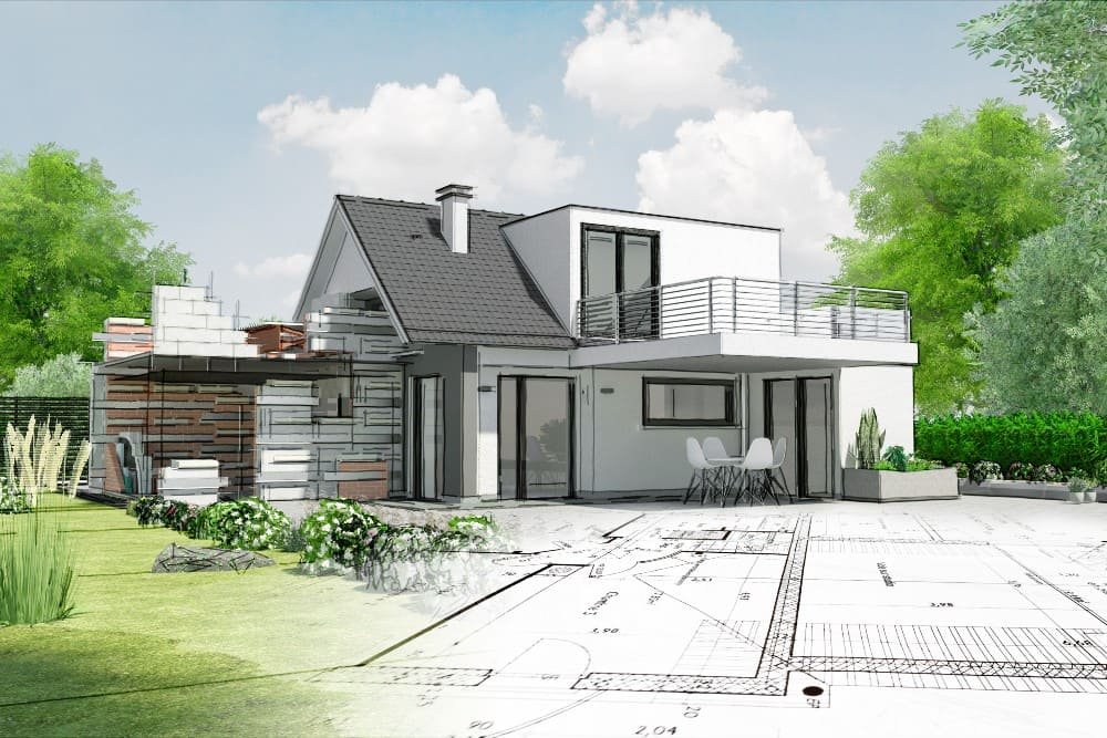 Rendu architectural d'une maison moderne, illustrant la transition entre un plan d'exécution technique et la structure achevée.