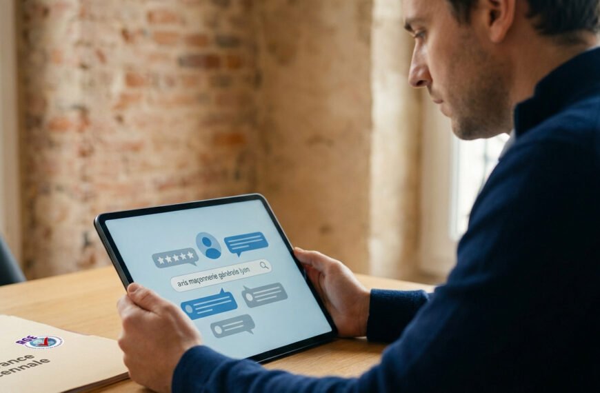 Un homme consulte des avis en ligne sur une tablette numérique avec un dossier d'assurance décennale sur son bureau.