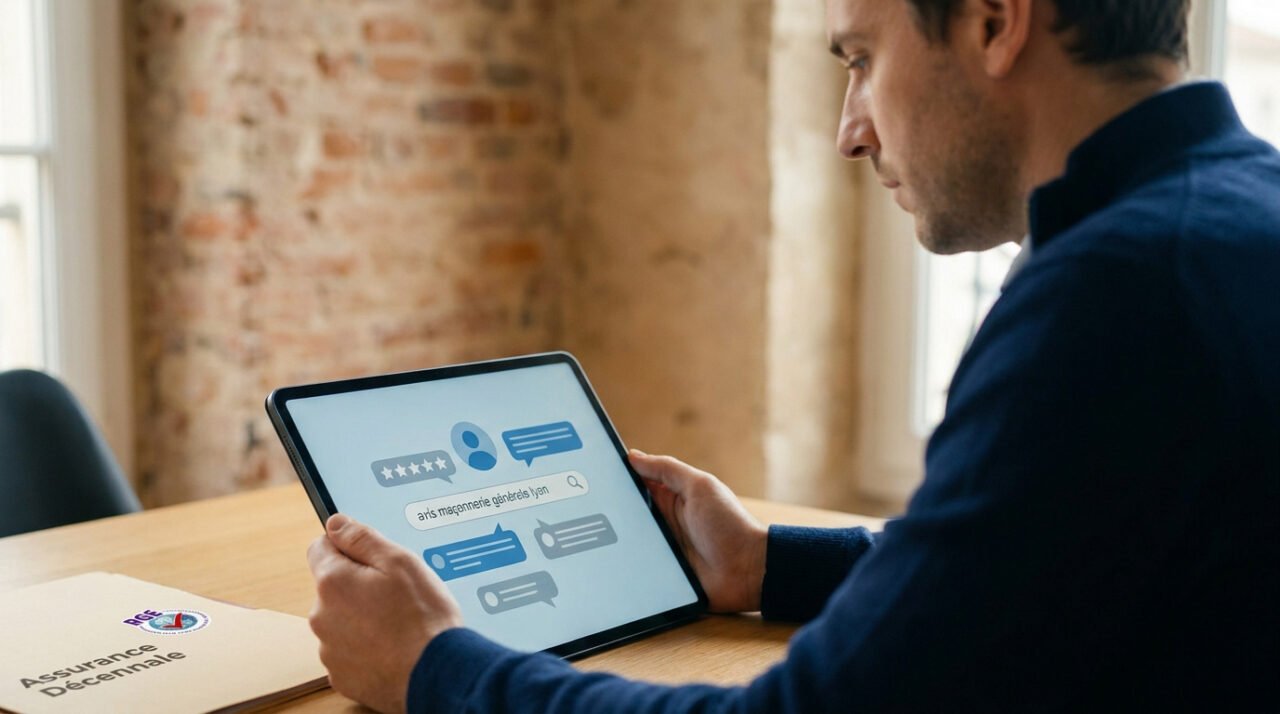 Un homme consulte des avis en ligne sur une tablette numérique avec un dossier d'assurance décennale sur son bureau.