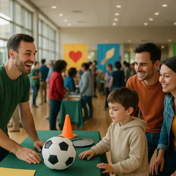 Un homme à un stand parle à une famille avec un jeune garçon, qui regarde un ballon de football sur la table, dans un espace événementiel intérieur très fréquenté.