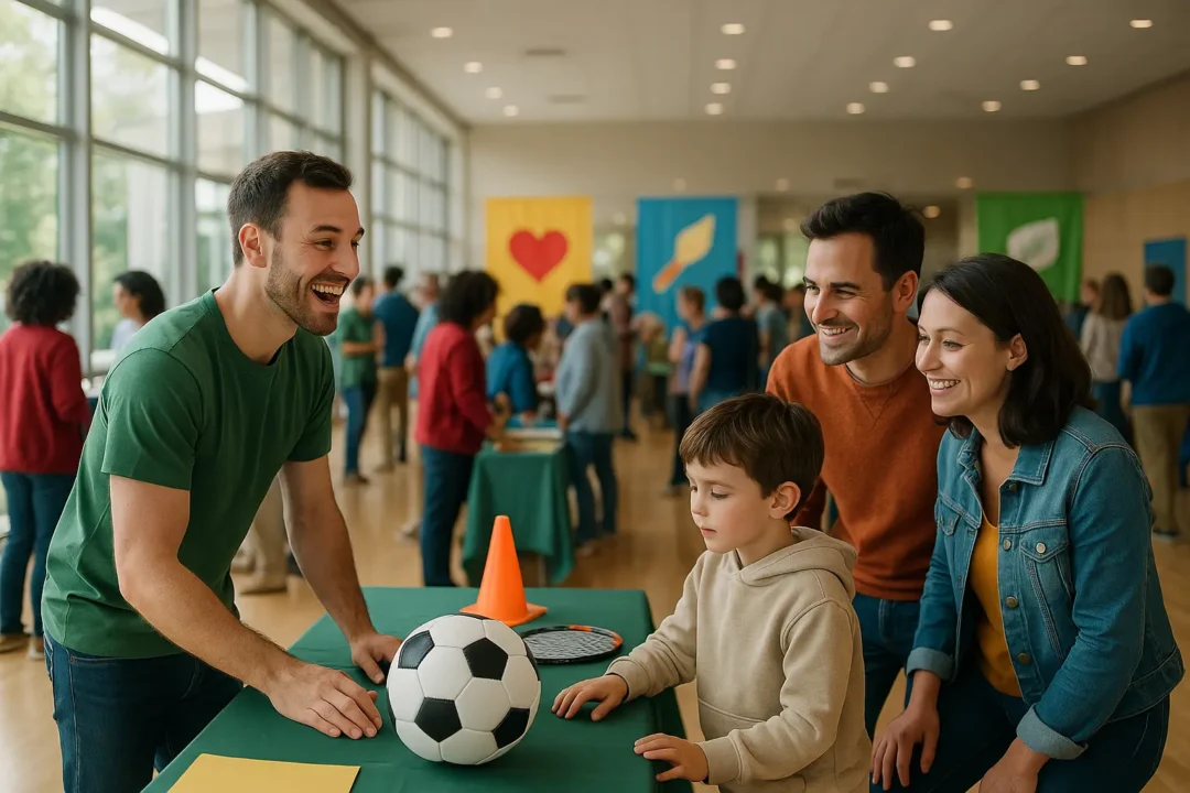 Un homme à un stand parle à une famille avec un jeune garçon, qui regarde un ballon de football sur la table, dans un espace événementiel intérieur très fréquenté.