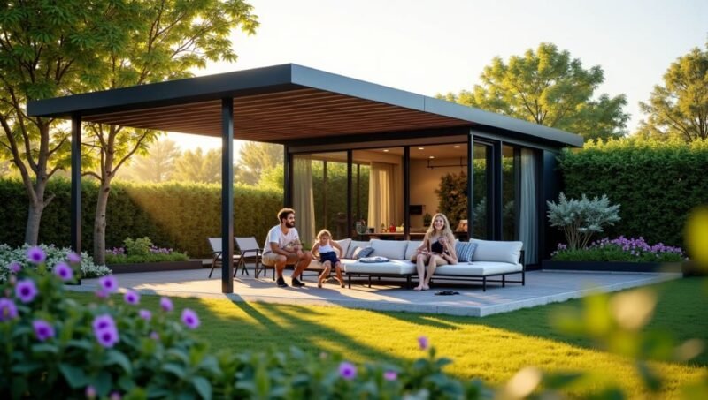 Une famille est assise et se détend sur du mobilier de jardin devant une maison d'amis moderne située dans un jardin, entourée de verdure et de fleurs, par une journée ensoleillée.