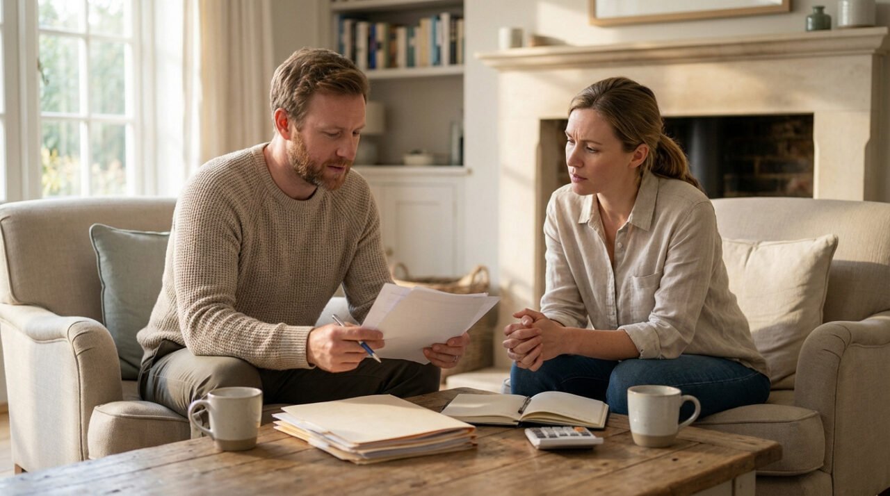 Deux personnes sont assises sur des fauteuils dans un salon et consultent des documents sur une table basse où se trouvent des tasses, une calculatrice et des dossiers.
