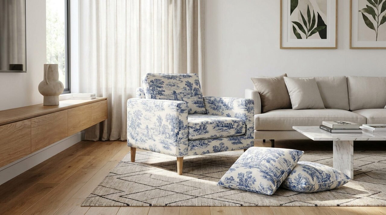 Fauteuil et coussins en toile de Jouy bleue et blanche dans un salon lumineux au style moderne et élégant.